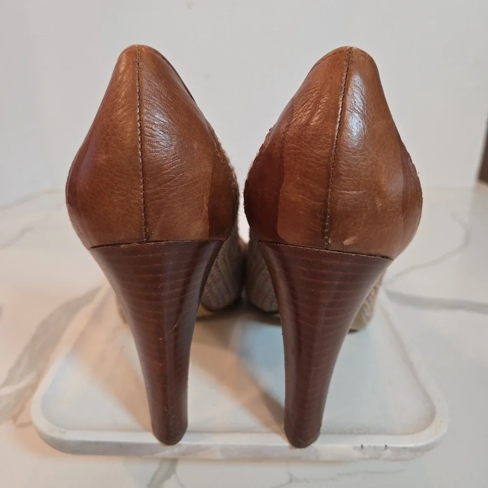 Enzo Angiolini Floral Weave Leather Peep Toe Fairycore Boho Heels Brown Blue 8.5